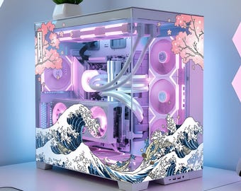 Wave Sakura PC Case Skin, Japanese Gaming PC, Pink Kawaii Decal, Gamer Gift