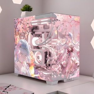 May include: A white computer case with a glass panel, featuring a pink cherry blossom and anime-style illustration. The case has internal components visible, with a small potted plant on top.