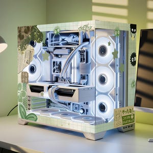 May include: A custom computer case in white and green, with internal components lit by white lights. The case is decorated with stickers featuring Japanese text and cartoon characters. The design is artistic and unique, with a grid pattern and decorative elements.