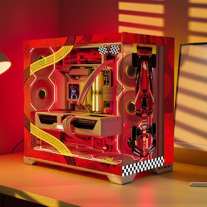 May include: A red and black computer case with a racing theme. The case features a Formula 1 car graphic, tyre track designs, and checkered flag accents. Internal components are visible through the glass panel, illuminated by red lighting.