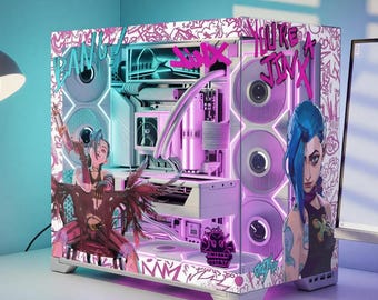 Blue-Haired Rebel PC Case Skin, Japanese Gaming PC, Decal, Gamer Gift