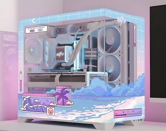 Pastel Wave PC Case Skin, Pink Blue Gaming PC, Cozy Anime Decal, Gamer Gift