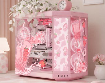 Strawberry PC Case Skin, Sticker - Boba Milk Gaming Pc Decal, Gift For Gamer Girl