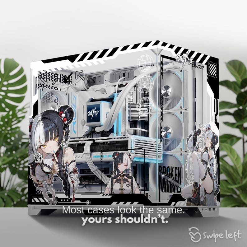 Gamer Girl PC Case Skin, White Gaming Setup Broken Mind Sticker, Custom ...