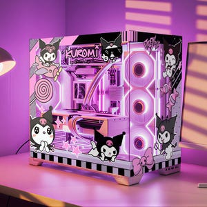 May include: A custom computer case with a pink and white color scheme, adorned with Kuromi character stickers. The case features internal components illuminated with pink lighting. The design includes a bow and candy accents, creating a playful aesthetic.