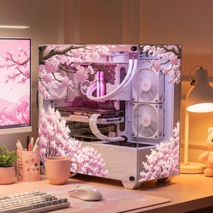 Könnte beinhalten: Ein weißes Computergehäuse mit einem aufgedruckten Kirschblütenbaum-Design auf der gläsernen Seitenwand. Die internen Komponenten sind weiß, einschließlich der Lüfter und Kabel, und werden durch sanftes rosa Licht passend zum floralen Thema beleuchtet.