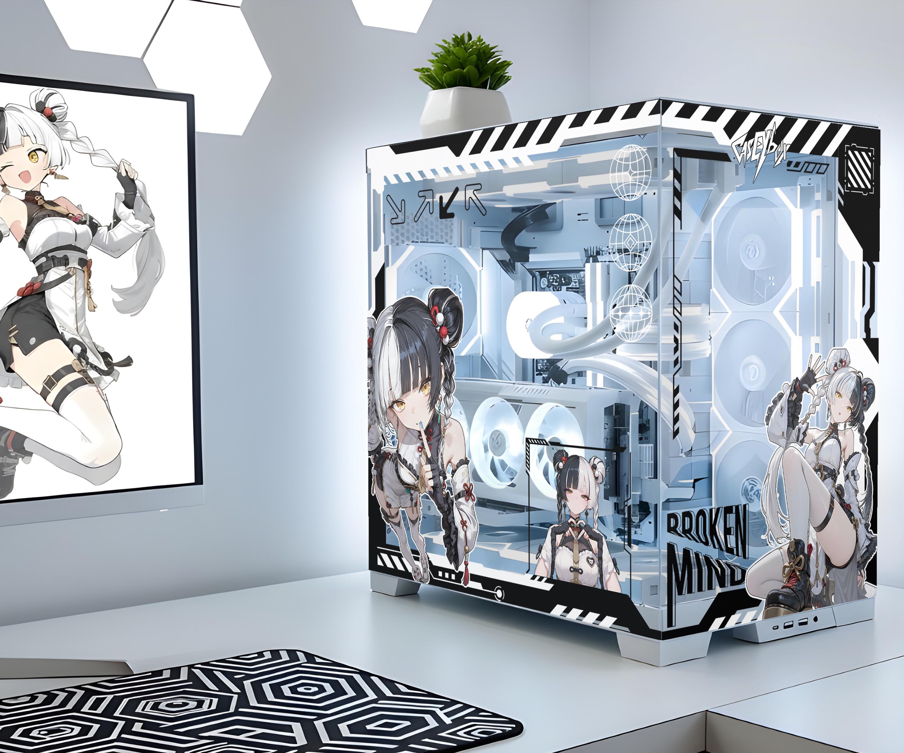 Gamer Girl PC Case Skin, White Gaming Setup Broken Mind Sticker, Custom ...