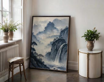 Asian Landscape Waterfall Print, Blue Nature Wall Art, Zen Decor Digital Download, Serene Blue Waterfall Poster, Printable Nature Art Gift