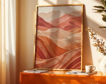 Abstract Layered Mountains Print, Orange Landscape Wall Art, Boho Decor Digital Download, Warm Sunset Mountain Poster, Printable Gift