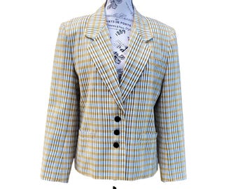 Blazer à carreaux vintage David Benjamin pour femme - Veste de carrière 10 à carreaux jaune et blanc pour femme