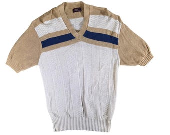 Cellini Collection Mens Vintage V-Neck Knit Sweater Short Sleeve Tan Blue L USA