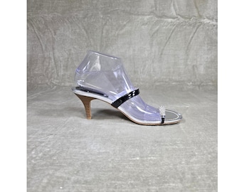 Rampage Y2K Womens Silver Black Rhinestone Toe Ring Kitten Heel Sandals Size 8.5