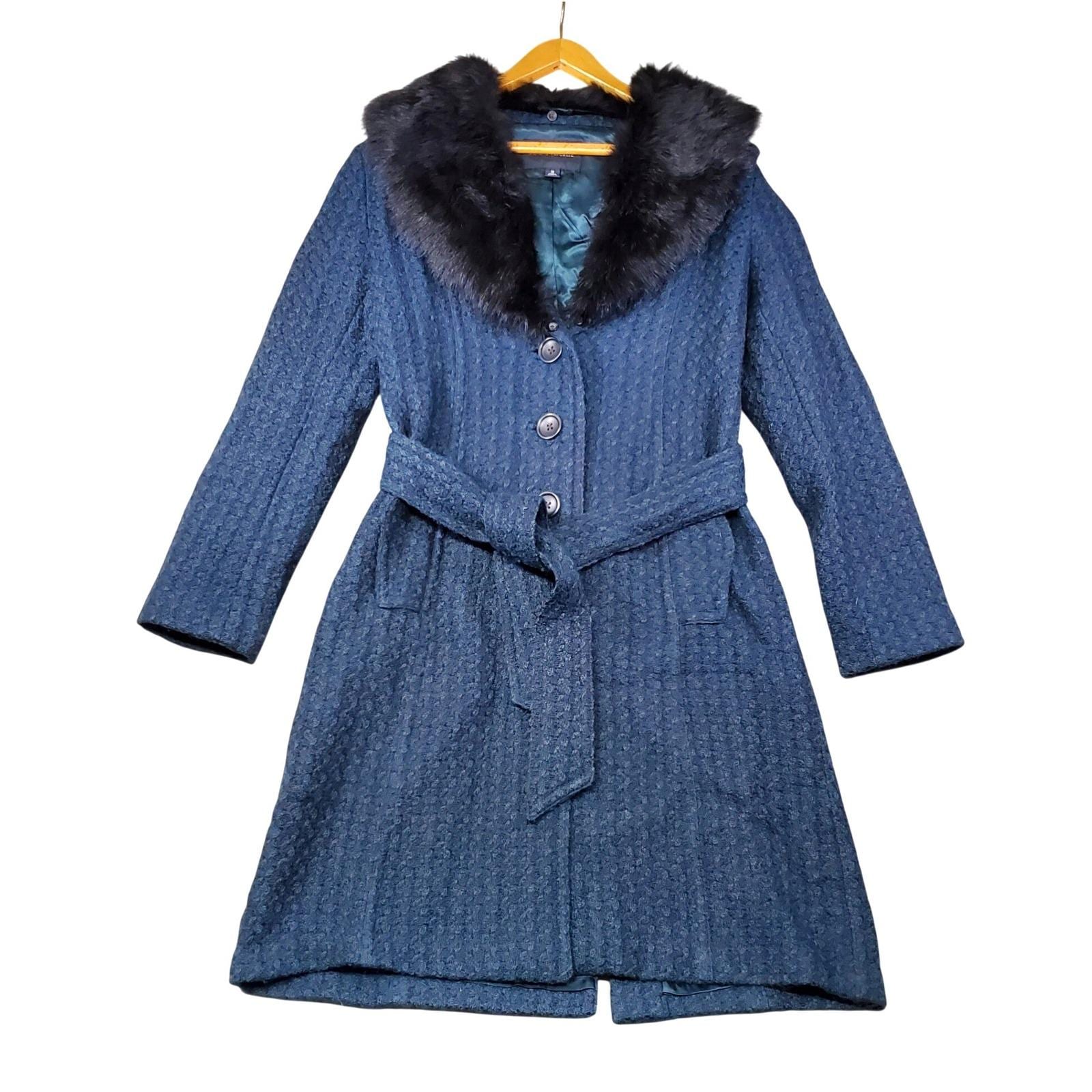 Banana Republic, Banana Republic Coat Womens M Teal Blue Wool Belted Real Shearling Trim Vintage