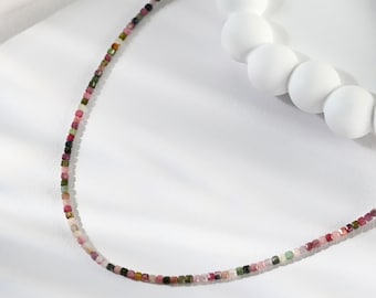 Turmalin Kette 2mm • zarte Edelsteinkette • bunter Turmalin • minimalistischer Edelstein Choker • optional mit Süßwasserperlen‑Anhänger