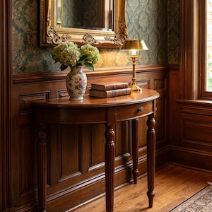 Può includere: Un tavolo a mezza luna in legno scuro con un cassetto, con libri, un vaso di fiori e una lampada in ottone. Il tavolo è di fronte a un muro con uno specchio con cornice dorata e carta da parati a motivi. La stanza ha pavimenti in legno e un tappeto fantasia.
