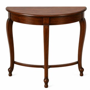 Halvcirkelformad konsolbord i teak, halvmåneformad accentbord, vintage entrébord, handgjort sidobord i trä, traditionellt hallbord