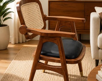 Mid Century Cane Arm Chair | Solid Teak Wood Accent Chair | Handmade Wooden Lounge Chair | Rattan Back Living Room Chair