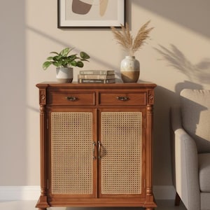 Teakholzschrank für Aufbewahrungszwecke mit Ratanarbeit