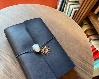 Dark Blue Vegan Leather Trifold Journal Cover-Size A5- Handmade-Gold Details-Personalized-louise carmen style