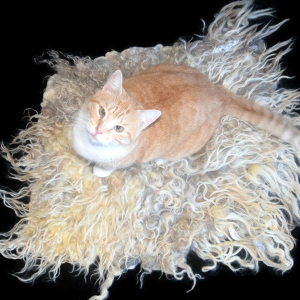 Hand Felted Cruelty Free Sheep Wool Fleece Pet Bed, No Kill Sheepskin Rug, Natural Pet Bedding