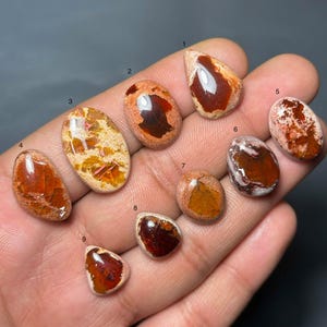 Puede incluir: Colección de nueve piedras preciosas de ópalo pulidas de varias formas y tamaños. Los ópalos muestran una gama de colores, incluyendo naranja, marrón y blanco, con patrones únicos. Las piedras preciosas se sostienen en una mano sobre un fondo oscuro.