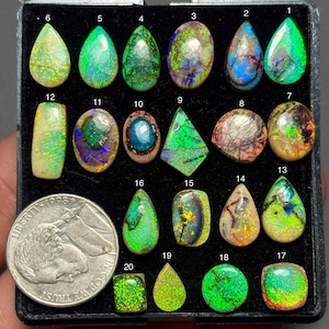 Pode incluir: Uma coleção de vinte opalas polidas soltas de várias formas e tamanhos, dispostas numa caixa expositora preta ao lado de uma moeda de cinco centavos americana para escala. As pedras preciosas exibem flashes vibrantes de verde, azul e laranja.