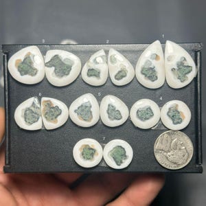 May include: A collection of polished gemstones with white and green patterns. The stones vary in shape, including teardrops and circles. A US quarter coin is included for size reference. The gemstones are displayed on a black surface.