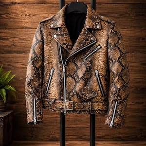 Puede incluir: Una chaqueta de motorista de cuero con estampado de piel de serpiente en marrón y negro, con cuello de solapa ancho, cremalleras metálicas plateadas en la parte delantera y los puños, cinturón con hebilla metálica y botones a presión.