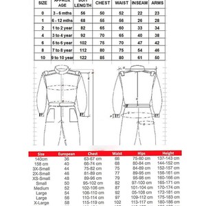 May include: Detailed size chart for children's racing suits, including measurements for chest, waist, inseam, and arms. The chart provides sizes for ages 3 months to 10 years, with corresponding suit lengths in inches and centimeters.