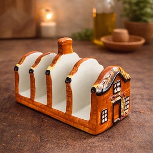 Puede incluir: Un tostador de cerámica con forma de casa de campo. El tostador está pintado en tonos naranja, marrón y blanco, con una chimenea y detalles de la casa. Tiene cuatro ranuras para tostadas y está diseñado para parecer una casa en miniatura.