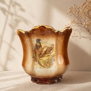 Maceta vintage de Staffordshire con diseño de faisán, maceta de cerámica inglesa, decoración rústica estilo cottagecore para el hogar, jarrón vintage marrón y crema.