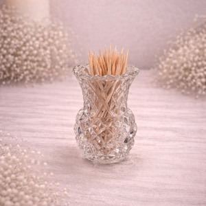 Porta stuzzicadenti vintage in vetro tagliato, vaso per fiori in vetro pressato, stoviglie retrò per la casa