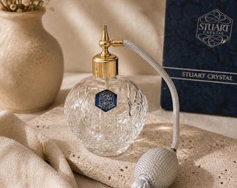Vintage Stuart Crystal Perfume Atomiser with Box, Cut Glass Spray Bottle, UK Made Vanity Decor, Retro Fragrance Bottle Gift