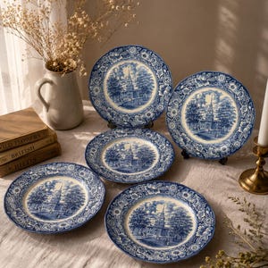assiettes vintage Liberty Blue Independence Hall | Staffordshire Blue Transferware France
