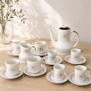 Juego de café Royal Doulton “Morning Star” / Juego de té vintage de mediados de siglo / 8 tazas y platillos, cafetera, jarra de leche / Utensilios de cocina retro