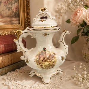 May include: A white porcelain teapot with a pheasant illustration, gold trim, and a decorative lid. The teapot has a unique shape with a handle and spout. It is placed on a white lace doily.