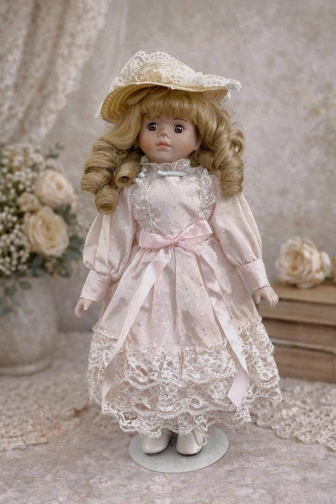 Vintage Porcelain Doll Jessica: Victorian Style Pink Lace Dress ...