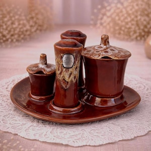 Vintage Kernewek Keramik Menage Set: Braune Tropfglasur Gewürzschale, Cornwall Studio