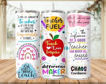Teacher Tumbler Wrap PNG, 20 oz Skinny Tumbler Sublimation Design Instant Digital Download Only, Teacher Appreciation, Back To School Design