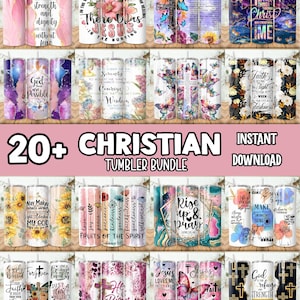 Peut inclure: Une collection de plus de vingt gobelets sur le thème chrétien avec divers motifs. Les gobelets présentent des citations inspirantes, des motifs floraux et des images religieuses, notamment des croix et des papillons. Le texte "20+ CHRISTIAN TUMBLER BUNDLE" est affiché.