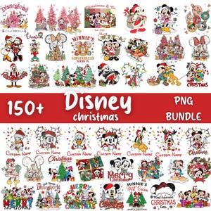 May include: A collection of over 150 Disney Christmas PNG images. The images feature Mickey Mouse, Minnie Mouse, Donald Duck, and other characters in festive holiday scenes. The images are in various sizes and styles, perfect for holiday crafts.
