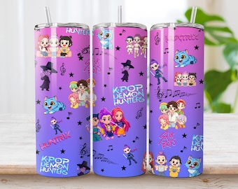 KPop Demon Hunter Tumbler Wrap | Derpy Anime 20oz Skinny Tumbler Sublimation PNG | Cute K-Pop Digital Cup Design Huntrix Tumbler Wrap