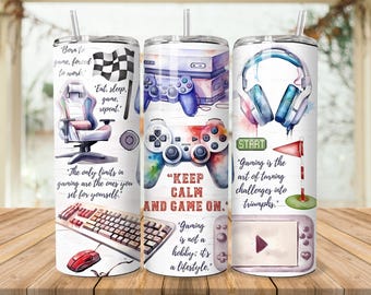 Gamer 20oz skinny tumbler sublimation design Video game controller Digital PNG Straight wrap Waterslide download