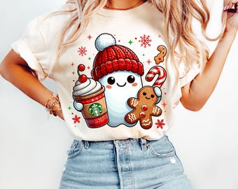 Kawaii Christmas Ghost PNG, Holiday Clipart, Gingerbread Coffee Art, Digital Download, Cute Holiday Graphics