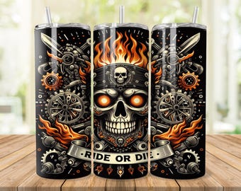Motorcycle Tumbler Wrap, Ride or Die Skull Tumbler Wrap, 20 oz Skinny Seamless Sublimation Design, Motorcycle Wrap, Biker Skull Flames PNG