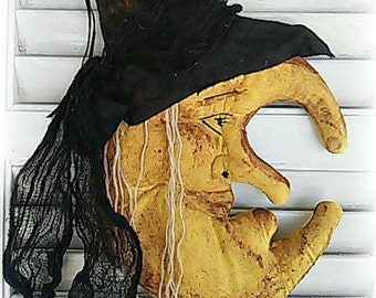 Luna de Bruja Primitiva / Descarga Digital / Patrón / Patrón PDF / Patrón de Decoración de Otoño / Luna de Bruja de Arte Popular / Patrón de Halloween