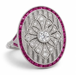 Anel Art Déco em Platina com Placa de Diamantes e Rubis, Lapidação Antiga Europeia de 0,57 ct, Total de 2,07 ct