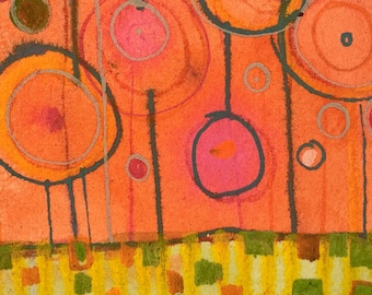 Abstract orange mini painting mounted on wood