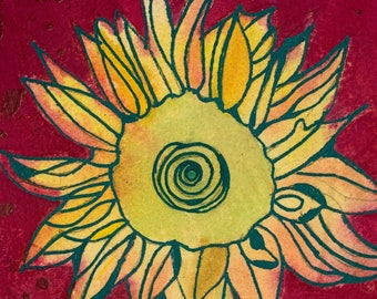 Sunflower gouache mini painting mounted on wood