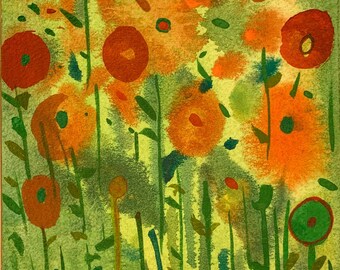 Flower field mini painting using gouache mounted on wood
